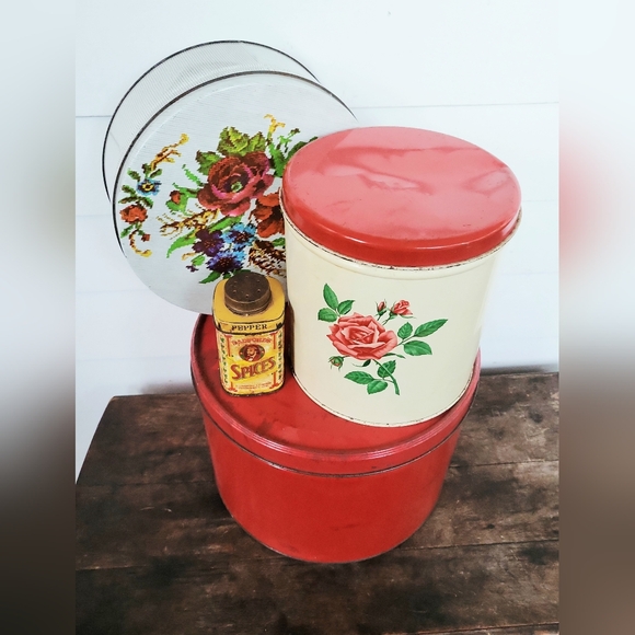 Vintage Other - Vintage Cottagecore Shabby Chic Red Floral Tin Collection Set Of 4